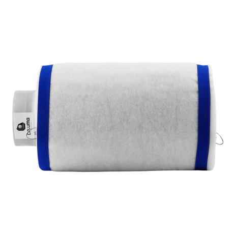 Caluma Aktivkohlefilter 100 mm mit weißem Staubschutzfilter und blauen Fixierbändern