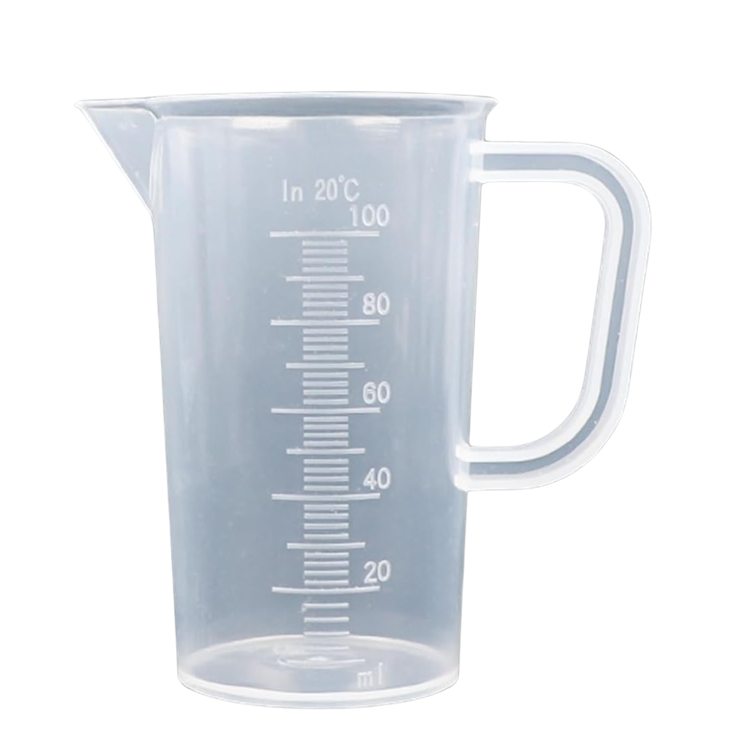 Klar skalierter Messbecher mit 100 ml Fassungsvermögen und 10 ml-Teilung – ideal für die Dosierung von Flüssigdüngern und Zusätzen im Growbereich.