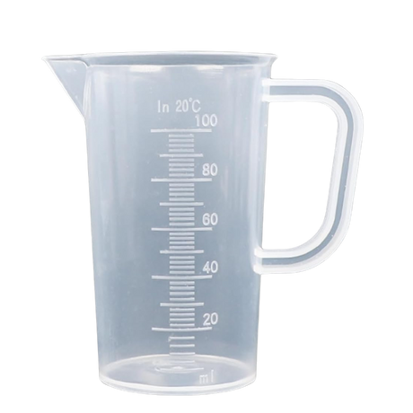 Klar skalierter Messbecher mit 100 ml Fassungsvermögen und 10 ml-Teilung – ideal für die Dosierung von Flüssigdüngern und Zusätzen im Growbereich.