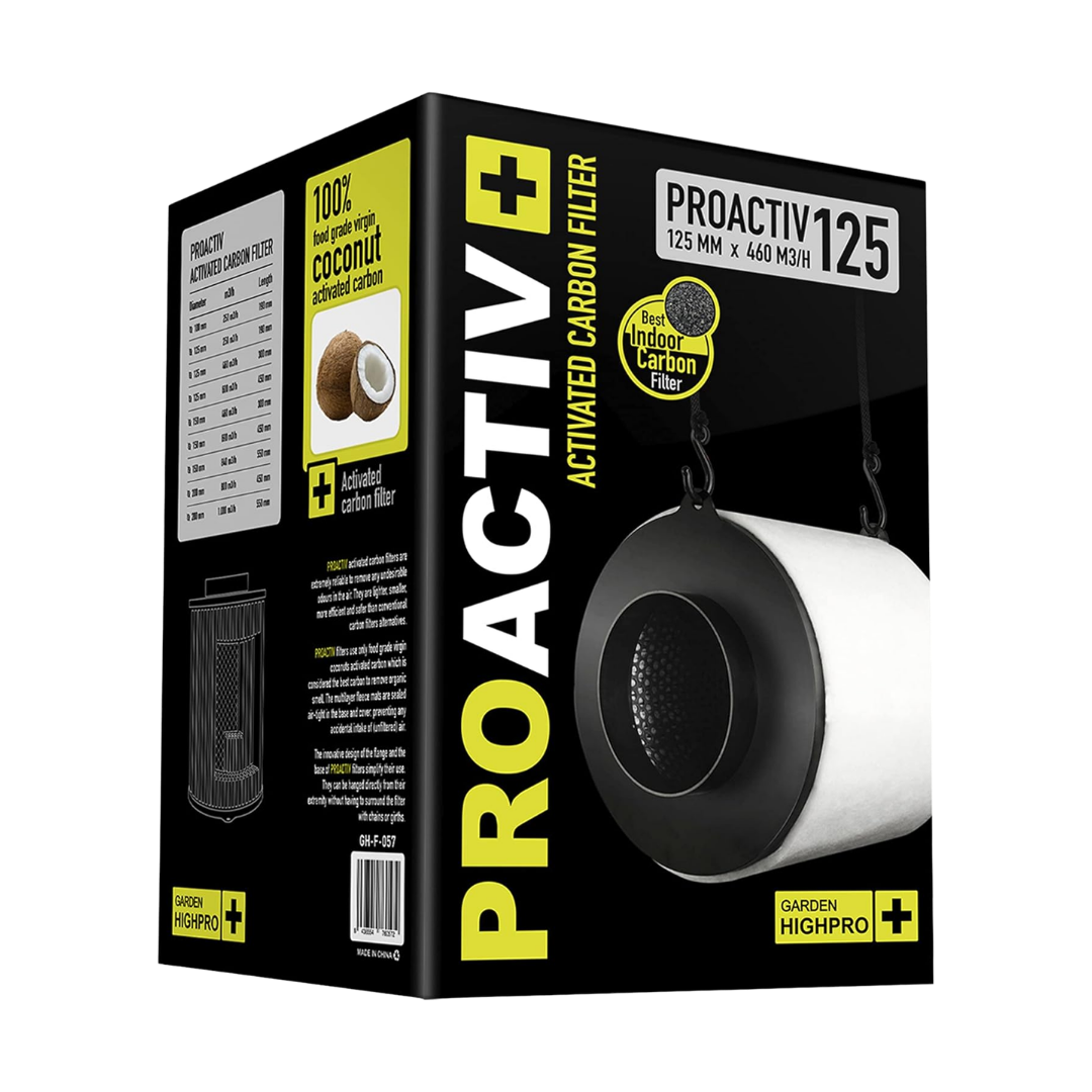 Garden HighPro ProActiv Aktivkohlefilter Ø125 mm in Originalverpackung mit 460 m³/h Leistung und Kokos-Aktivkohle für Growbox-Abluft.