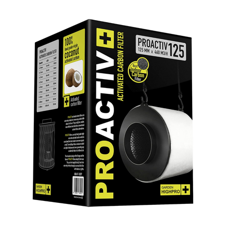 Garden HighPro ProActiv Aktivkohlefilter Ø125 mm in Originalverpackung mit 460 m³/h Leistung und Kokos-Aktivkohle für Growbox-Abluft.