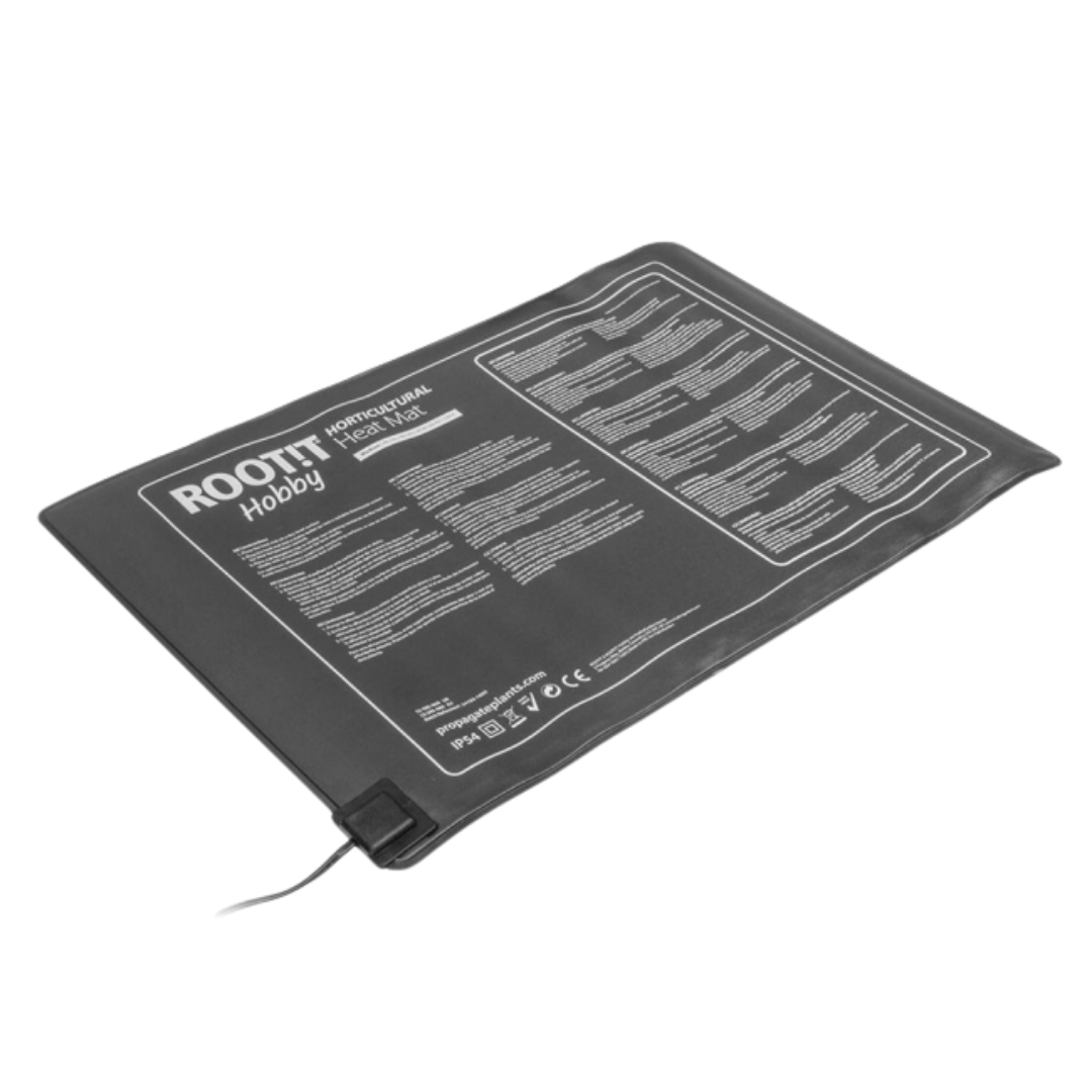 ROOT!T Hobby Heizmatte mit Aufdruck und Bedienungshinweisen, flach liegend mit Netzkabel