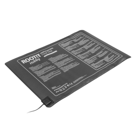 ROOT!T Hobby Heizmatte mit Aufdruck und Bedienungshinweisen, flach liegend mit Netzkabel