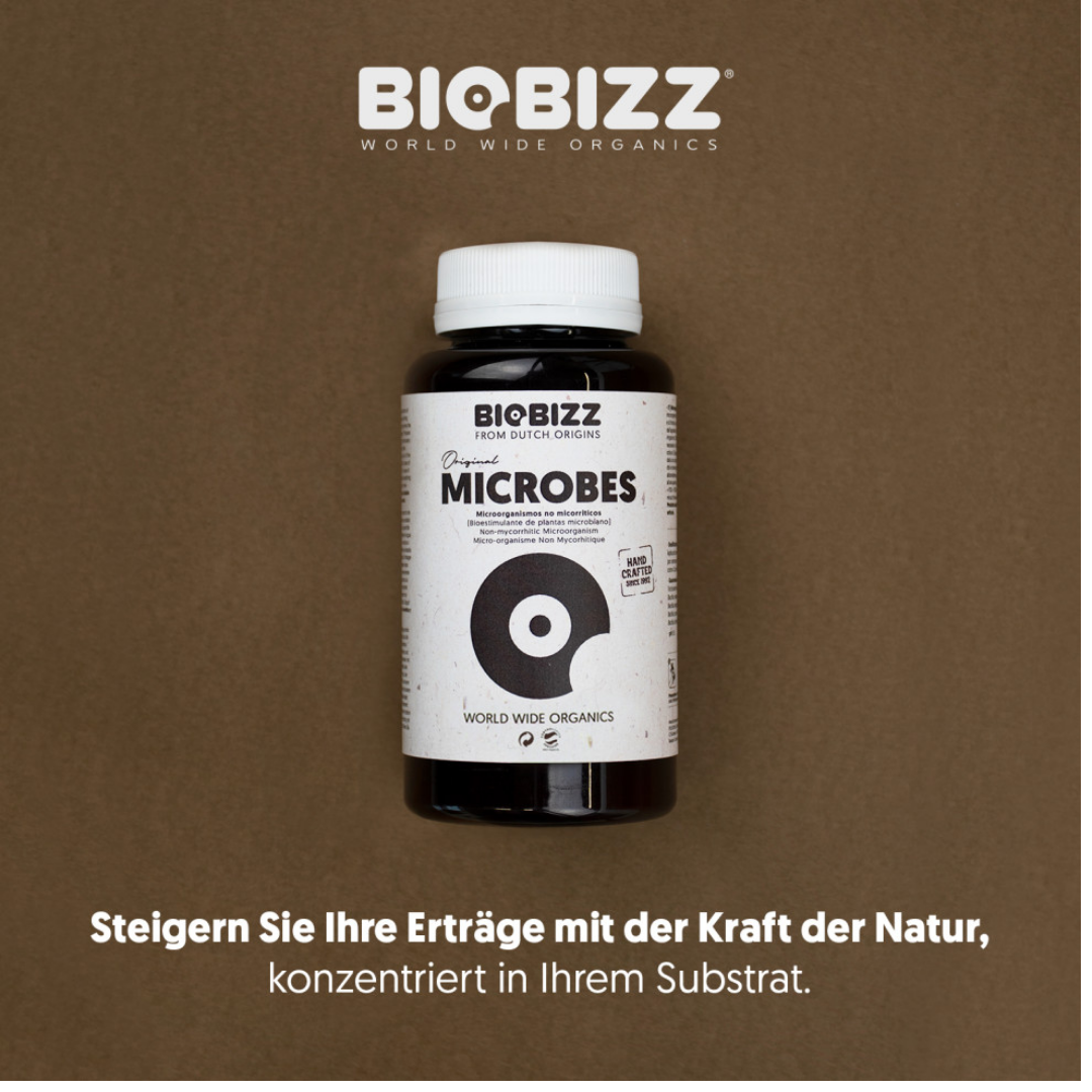 Produktbild von Biobizz Microbes 150 g auf braunem Hintergrund mit dem Slogan „Steigern Sie Ihre Erträge mit der Kraft der Natur