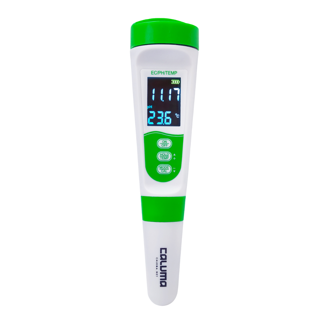 Caluma 3-in-1 pH-EC-Temp Messgerät mit beleuchtetem LCD-Display zur gleichzeitigen Messung von pH-Wert, elektrischer Leitfähigkeit (EC) und Temperatur – handlich, digital und wasserdicht.