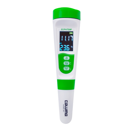 Caluma 3-in-1 pH-EC-Temp Messgerät mit beleuchtetem LCD-Display zur gleichzeitigen Messung von pH-Wert, elektrischer Leitfähigkeit (EC) und Temperatur – handlich, digital und wasserdicht.