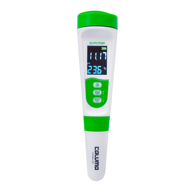 Caluma 3-in-1 pH-EC-Temp Messgerät mit beleuchtetem LCD-Display zur gleichzeitigen Messung von pH-Wert, elektrischer Leitfähigkeit (EC) und Temperatur – handlich, digital und wasserdicht.