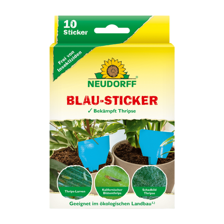 Verpackung der Neudorff Blau-Sticker mit 10 Klebefallen gegen Thripse
