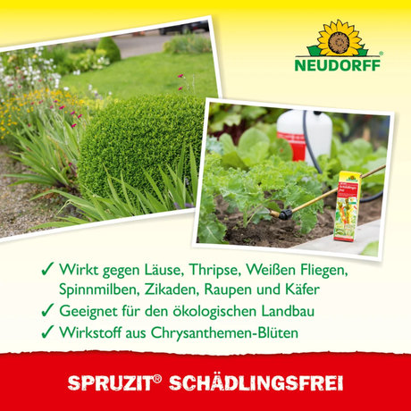 Anwendung von Neudorff Spruzit Schädlingsfrei an Zierpflanzen, Gemüse und Kräutern