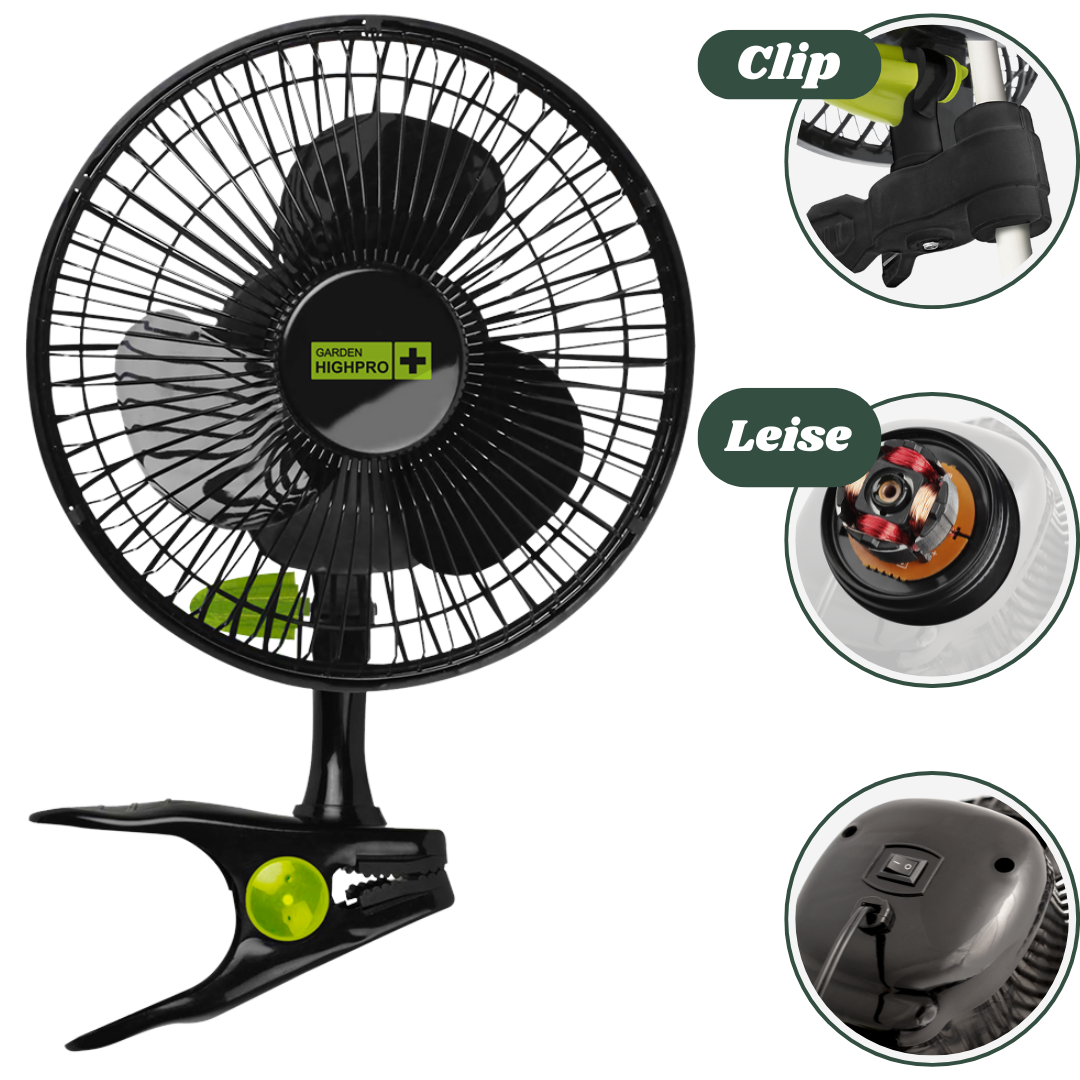 Der Garden Highpro Clip-Ventilator 12W Ø20 cm sorgt für zuverlässige, leise Umluft in deiner Growbox – mit einem sparsamen 12-Watt-Motor