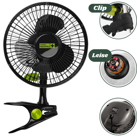 Der Garden Highpro Clip-Ventilator 12W Ø20 cm sorgt für zuverlässige, leise Umluft in deiner Growbox – mit einem sparsamen 12-Watt-Motor