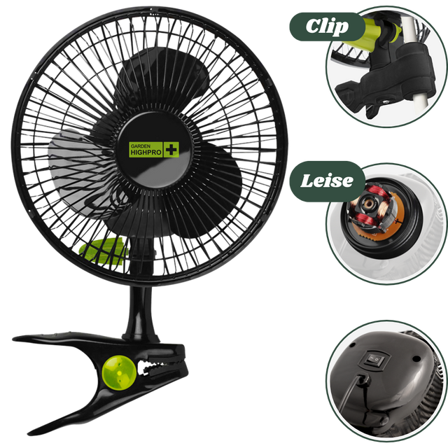 Der Garden Highpro Clip-Ventilator 12W Ø20 cm sorgt für zuverlässige, leise Umluft in deiner Growbox – mit einem sparsamen 12-Watt-Motor