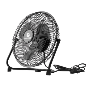 Schwarzer Caluma Bodenventilator mit 20 cm Durchmesser, Schutzgitter, Standrahmen und Netzkabel