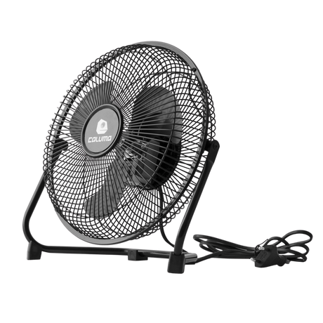 Schwarzer Caluma Bodenventilator mit 20 cm Durchmesser, Schutzgitter, Standrahmen und Netzkabel