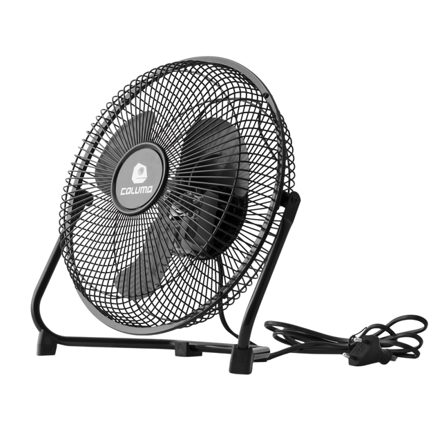Schwarzer Caluma Bodenventilator mit 20 cm Durchmesser, Schutzgitter, Standrahmen und Netzkabel