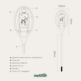 Meliflor Bodenmessgerät 4-in-1 technische Zeichnung mit Maßen und Funktionen – Feuchtigkeit, pH, Temperatur und Lichtsensor erklärt
