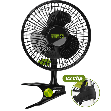 Garden HighPro Clipventilator 20 cm 12W mit Doppelclip, leiser Growbox Umluftventilator mit starkem Standclip, schwarz