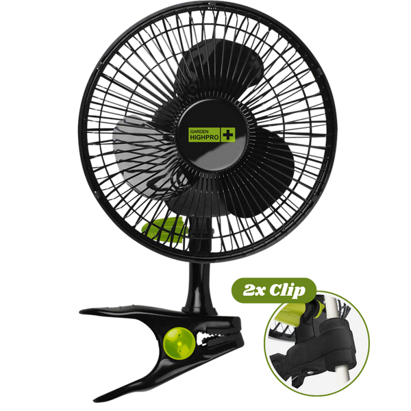 Garden HighPro Clipventilator 20 cm 12W mit Doppelclip, leiser Growbox Umluftventilator mit starkem Standclip, schwarz