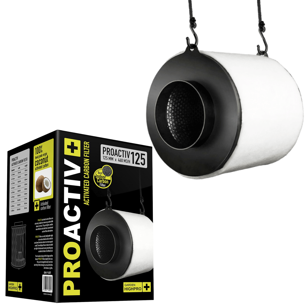 Garden HighPro ProActiv Aktivkohlefilter Ø125 mm mit integrierter Aufhängung und Produktkarton zur Geruchsneutralisierung in Growboxen.