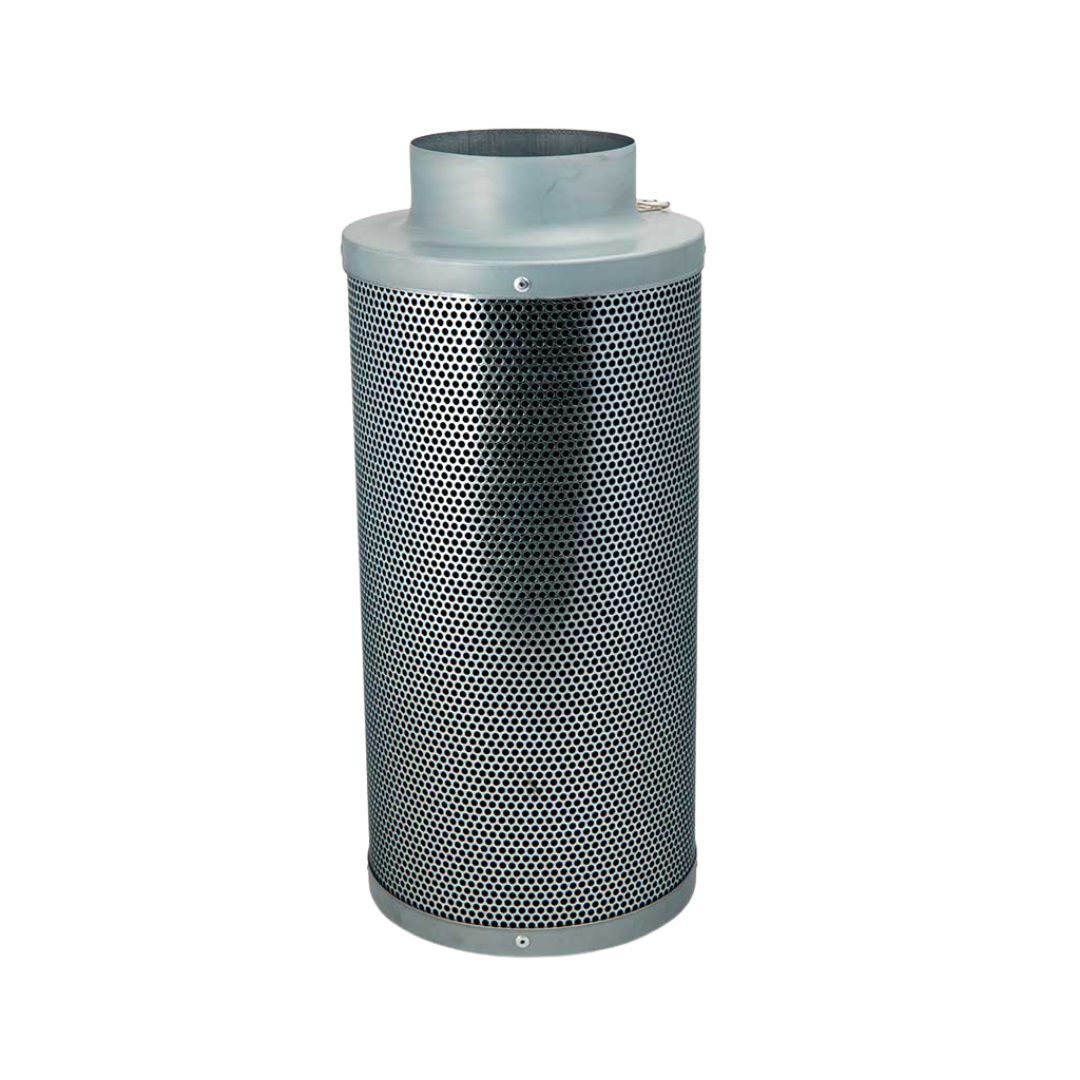 Metall-Aktivkohlefilter mit 125 mm Anschluss und gelochtem Gehäuse zur effizienten Luftfiltration in Grow-Systemen.