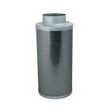 Metall-Aktivkohlefilter mit 125 mm Anschluss und gelochtem Gehäuse zur effizienten Luftfiltration in Grow-Systemen.