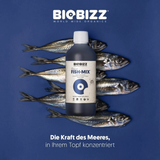 Biobizz Fish-Mix umgeben von Fischen natürliche Herkunft betont.