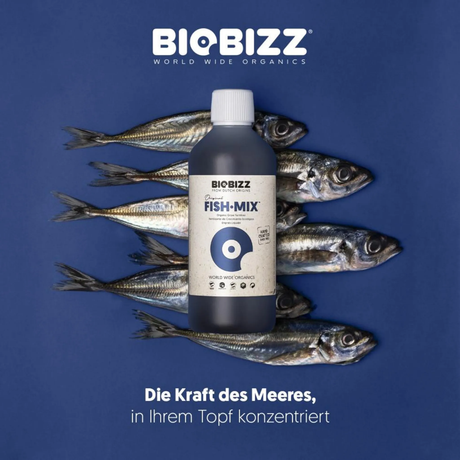 Biobizz Fish-Mix umgeben von Fischen natürliche Herkunft betont.