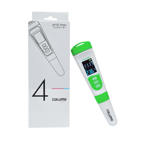 Caluma 3-in-1 pH-EC-Temp Messgerät neben Originalverpackung – präzises Kombigerät für pH-, EC- und Temperaturmessung in Gartenbau, Hydrokultur oder Aquaristik.