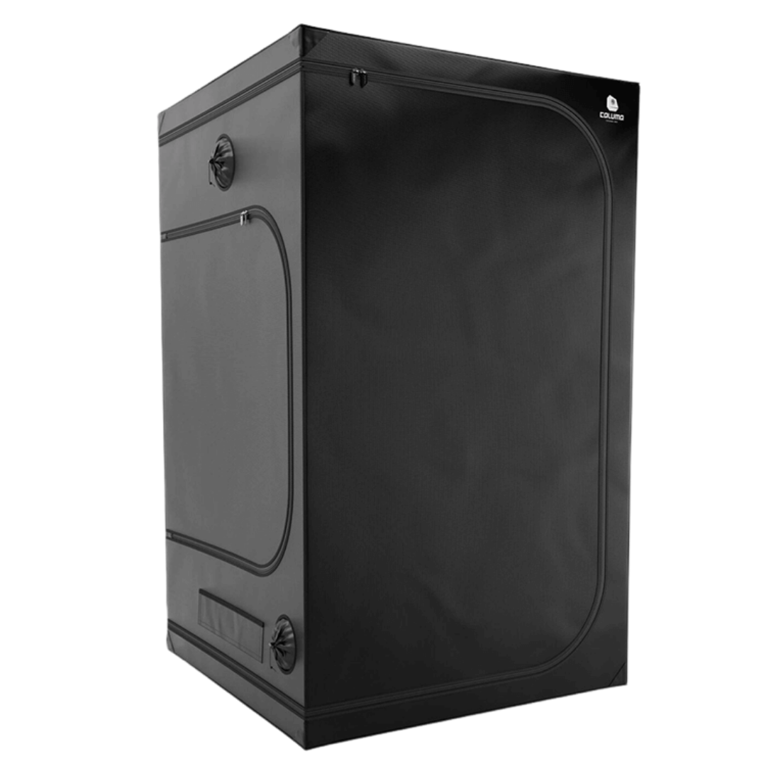 Außenansicht der geschlossenen Caluma Skin Growbox 120x120x200 cm mit robustem schwarzen Stoff und Reißverschlüssen.