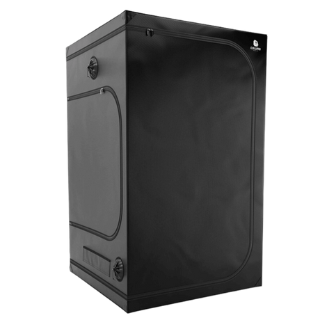 Außenansicht der geschlossenen Caluma Skin Growbox 120x120x200 cm mit robustem schwarzen Stoff und Reißverschlüssen.