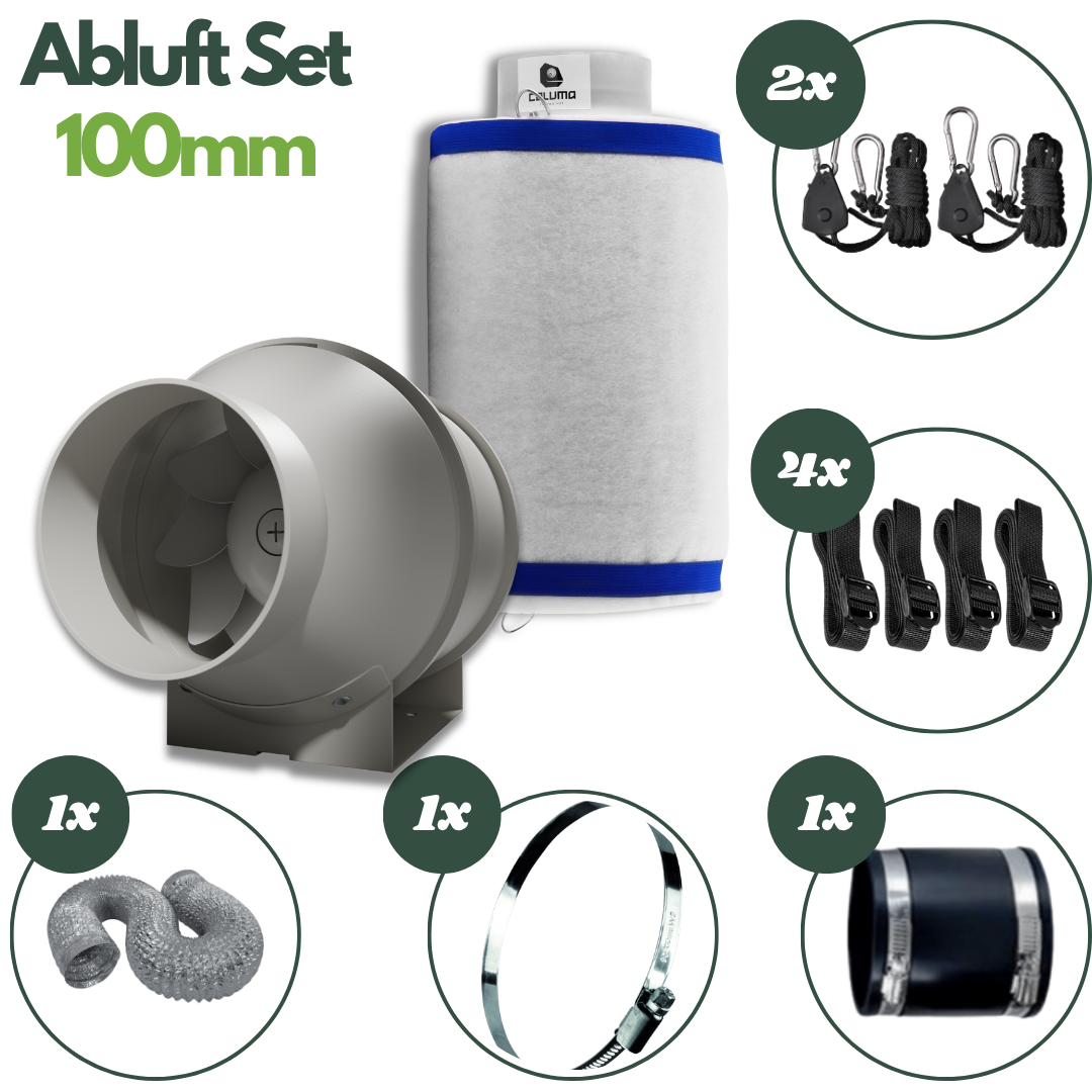 Caluma Midi-Abluft-Komplettset 100 mm mit Lüfter, Aktivkohlefilter, Flexrohr und Montagezubehör