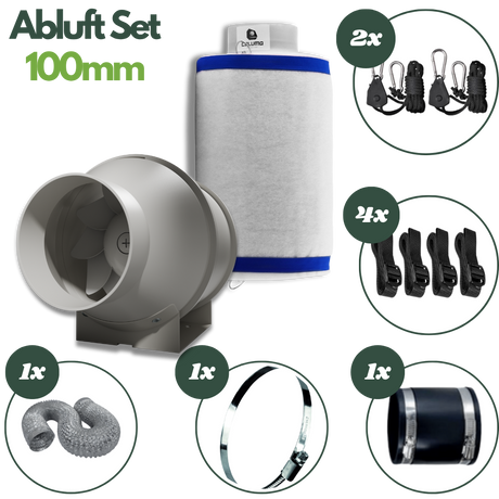 Caluma Midi-Abluft-Komplettset 100 mm mit Lüfter, Aktivkohlefilter, Flexrohr und Montagezubehör