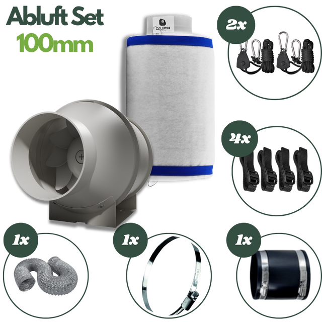 Caluma Midi-Abluft-Komplettset 100 mm mit Lüfter, Aktivkohlefilter, Flexrohr und Montagezubehör