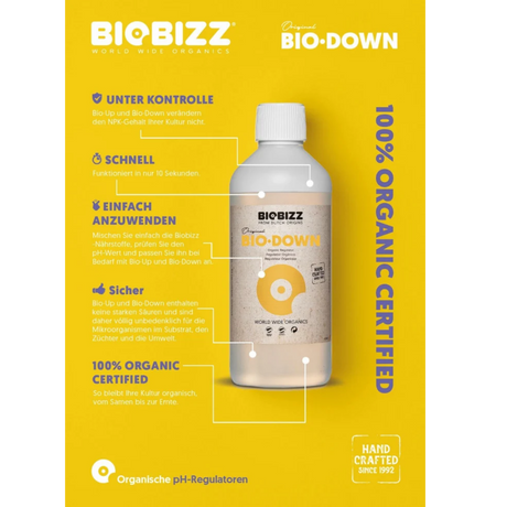  Übersicht der Vorteile von BioBizz Bio·Down – schnelle, sichere und organische pH-Regulierung.