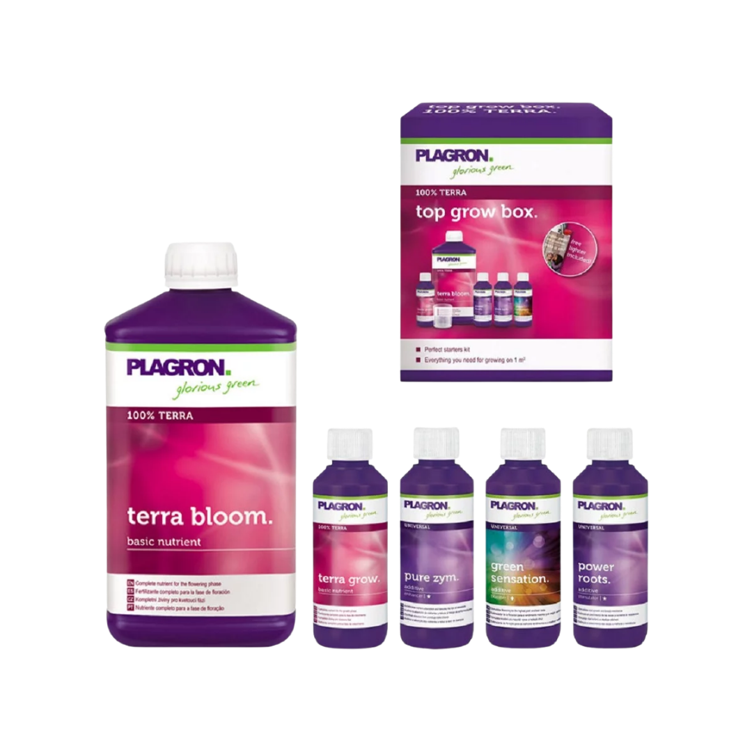 Komplettes Set mit allen Plagron Terra Produkten: Grow, Bloom, Roots, Zym, Green Sensation.