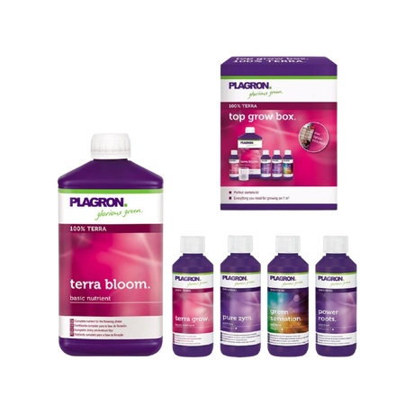 Komplettes Set mit allen Plagron Terra Produkten: Grow, Bloom, Roots, Zym, Green Sensation.