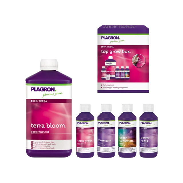 Komplettes Set mit allen Plagron Terra Produkten: Grow, Bloom, Roots, Zym, Green Sensation.