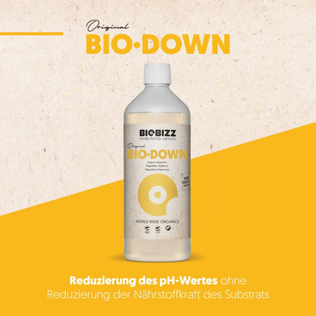 BioBizz Bio·Down senkt zuverlässig den pH-Wert – ohne Einfluss auf Nährstoffgehalt.