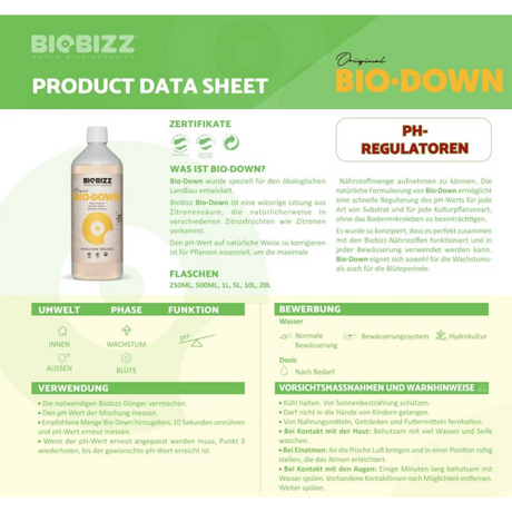 BioBizz Bio·Down Datenblatt mit Informationen zu Anwendung, Sicherheit und Umweltfreundlichkeit.