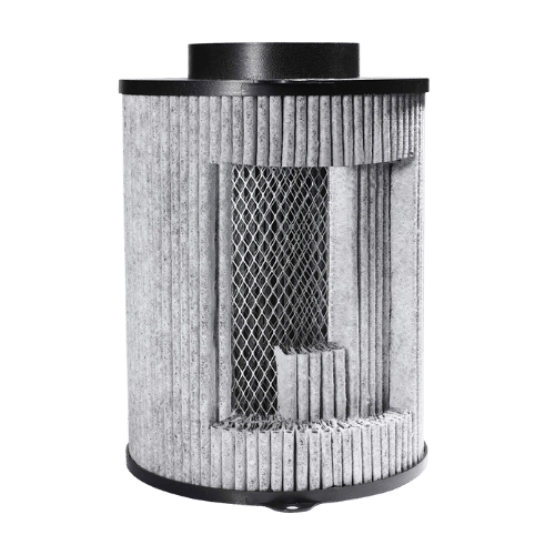 Nahaufnahme des mehrlagigen Filtervlieses am Aktivkohlefilter für zuverlässige Geruchsbindung in der Growbox.