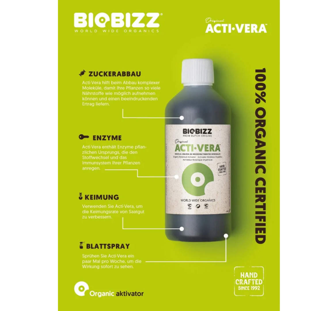 Infografik Biobizz Acti Vera – Vorteile wie Zuckerabbau, Enzyme, Keimförderung & Blattanwendung.