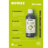 Infografik Biobizz Acti Vera – Vorteile wie Zuckerabbau, Enzyme, Keimförderung & Blattanwendung.