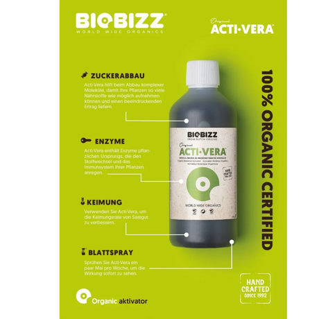Infografik Biobizz Acti Vera – Vorteile wie Zuckerabbau, Enzyme, Keimförderung & Blattanwendung.