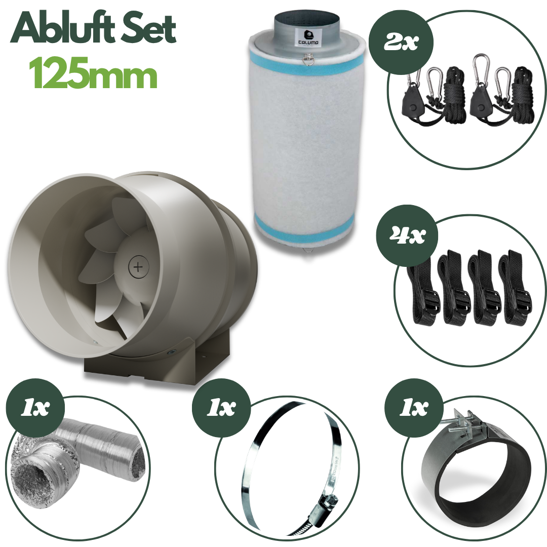 Caluma Abluftset 125 mm mit Lüfter, Aktivkohlefilter, Flexrohr, Montagezubehör, zwei Seilratschen und vier Spanngurten