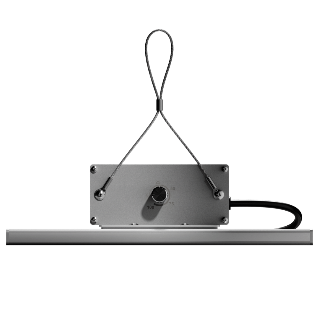 Seitenansicht der Caluma Force LED 75W – stufenloser Dimmer und Aufhängung sichtbar