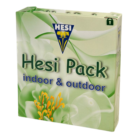 Verpackung des HESI Pack Indoor & Outdoor – grüne Box mit Blütendesign und HESI Logo