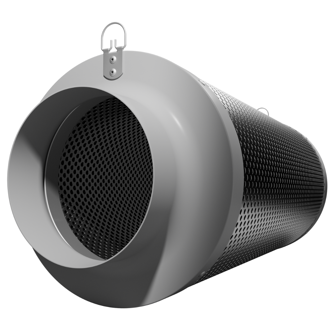 Robuster Aktivkohlefilter in zylindrischer Form mit 125 mm Anschluss und Aufhängung für einfache Montage.