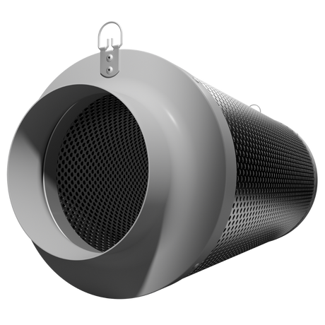 Robuster Aktivkohlefilter in zylindrischer Form mit 125 mm Anschluss und Aufhängung für einfache Montage.