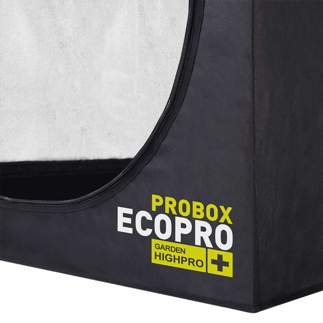 Detailansicht der Garden HighPro EcoPro Growbox mit robuster Außenhülle, Logo und lichtdichter Verarbeitung.