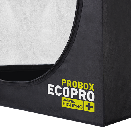 Detailansicht der Garden HighPro EcoPro Growbox mit robuster Außenhülle, Logo und lichtdichter Verarbeitung.